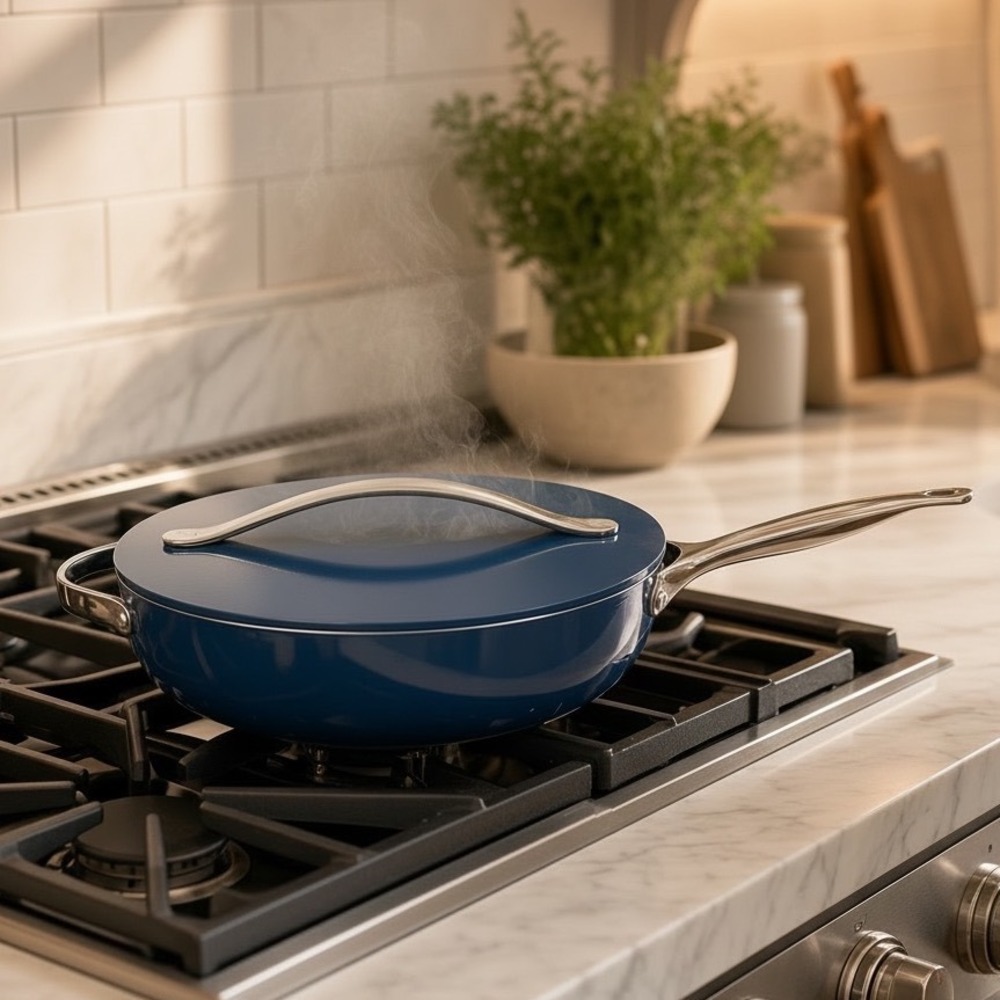 Caraway Non-Stick Ceramic Saute Pan with Lid Navy Blue 4.5 qt Induction Safe